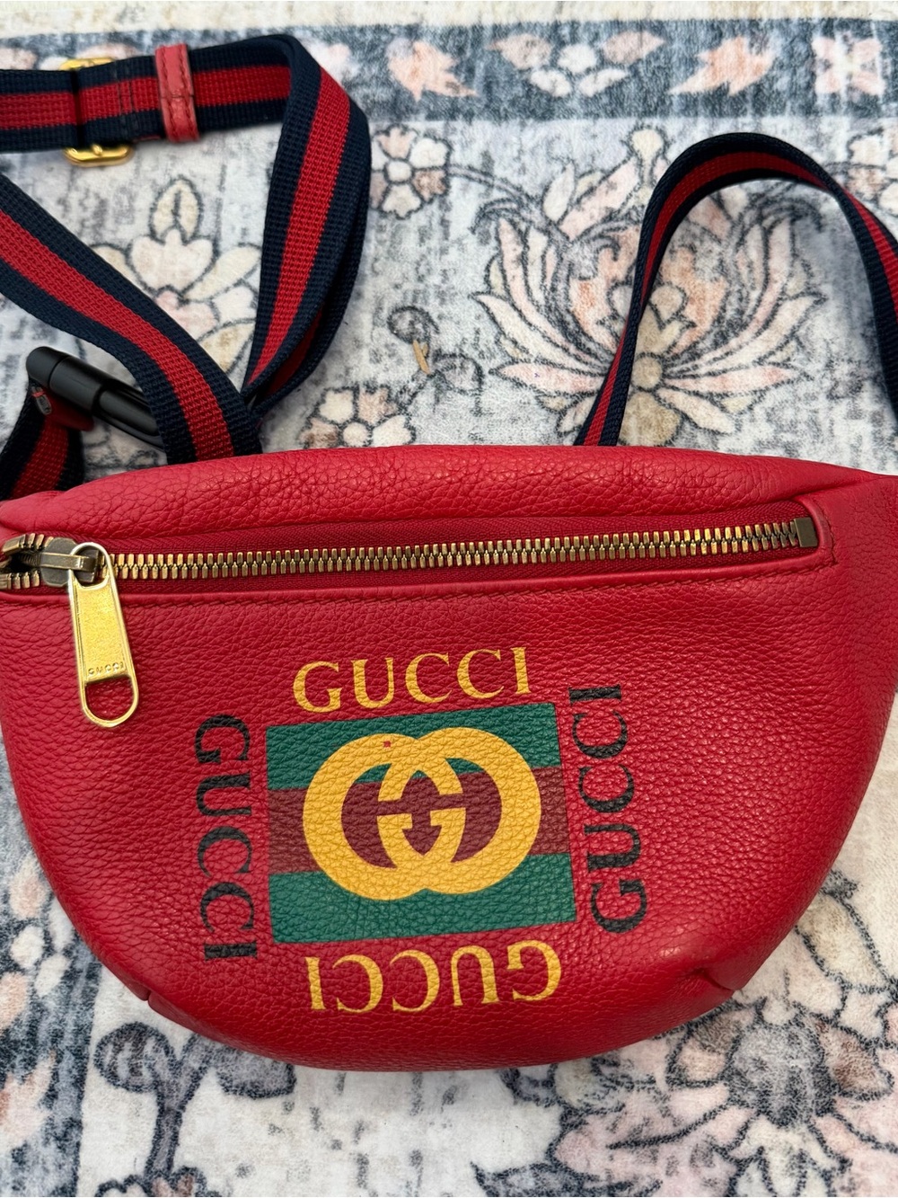 Gucci Red Leather Logo Belt Bag with Navy-Red Web Strap